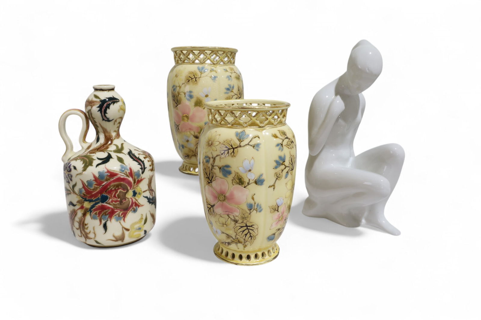 Zsolnay, Dux & Austrian Porcelian - 4: Four pieces of porcelian, includes Zsolnay, Dux and Austrian Dux Dimensions:11" H