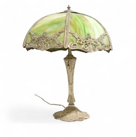 Metal Overlay Slag Glass Lamp