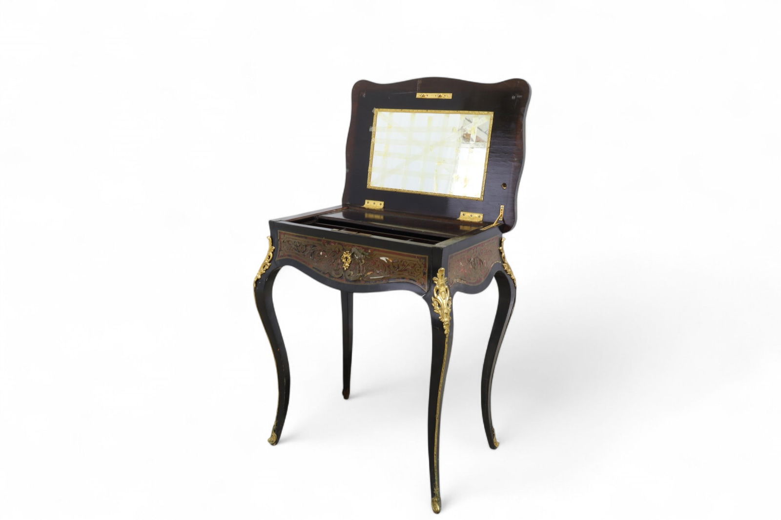 Boulle Lift Top Vanity: A boulle lift top vanity with brass and tortoise shell Dimensions:29x24x17