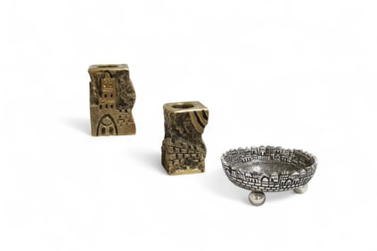 Judaica Bronze Candle Holders & Sterling Dish