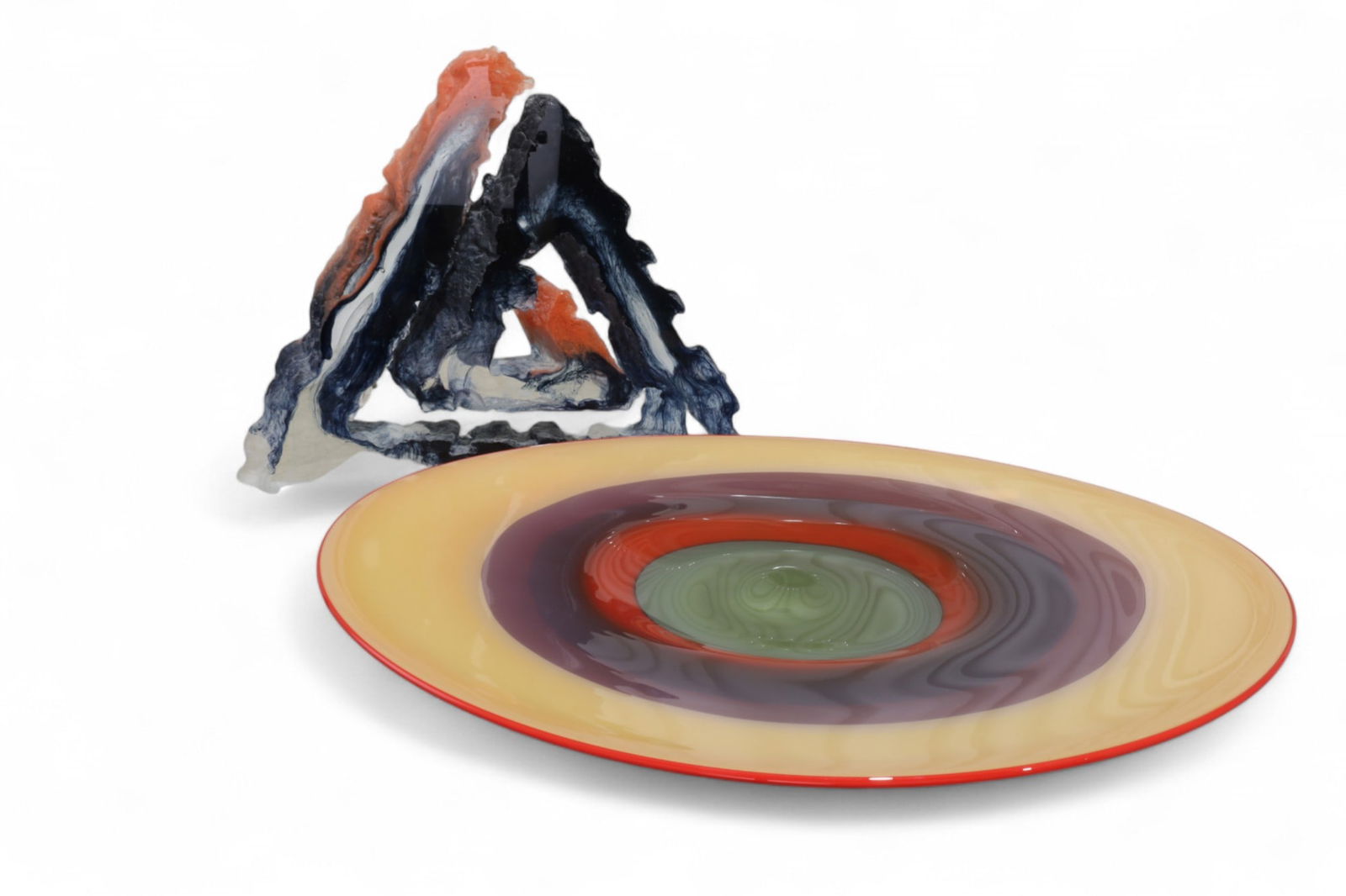 Colin Reid Organic Edge Glass Sculpture & Art Glass Bowl: A Colin Reid triangle shaped organic rough edge glass sculpture and large art glass bowl (has hanging loop on back) Bowl Dimensions:3x24x17 Dimensions:15x19x3