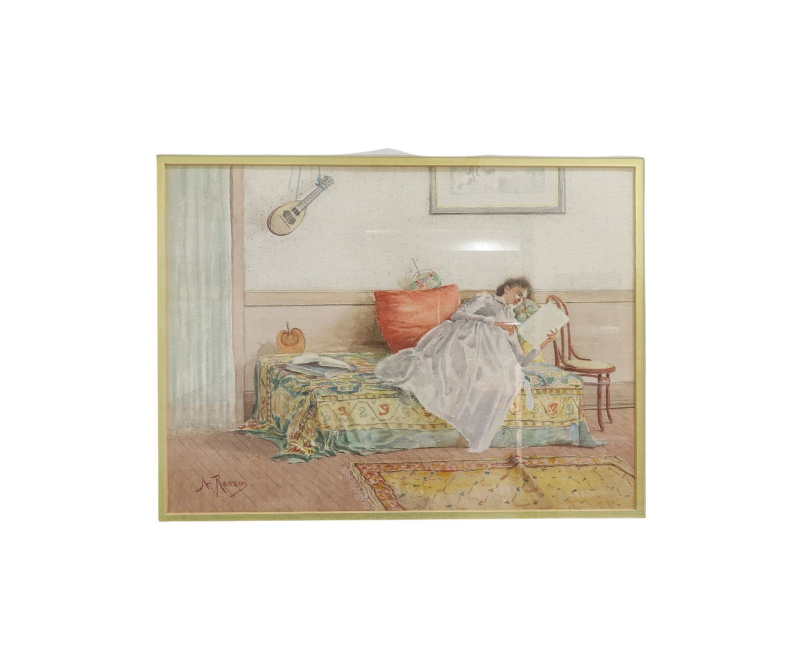 Signed A. Rawson Watercolor: A watercolor signed A. Rawson depicting a woman reclining while reading Dimensions:22x26
