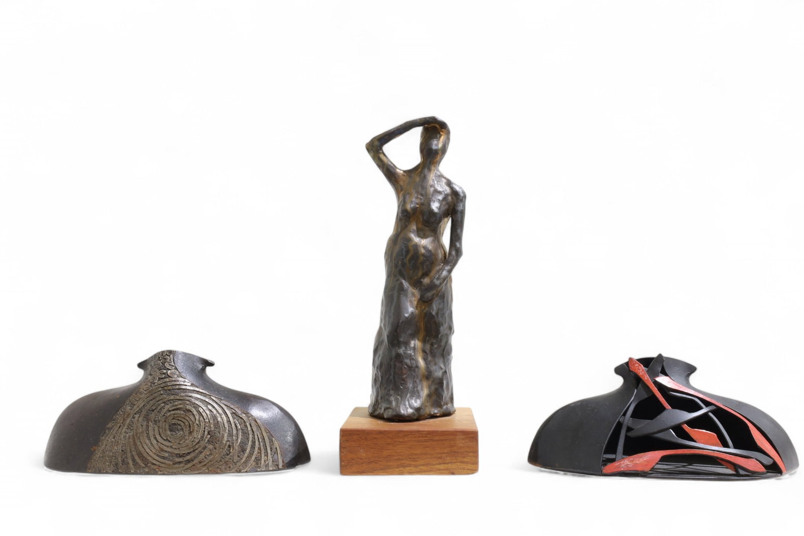 Iron Vases & Sculpture - 3: Two iron vases and an iron sculpture on wood base Dimensions:14x5x5.5 Vases Dimensions:4.5x11x5