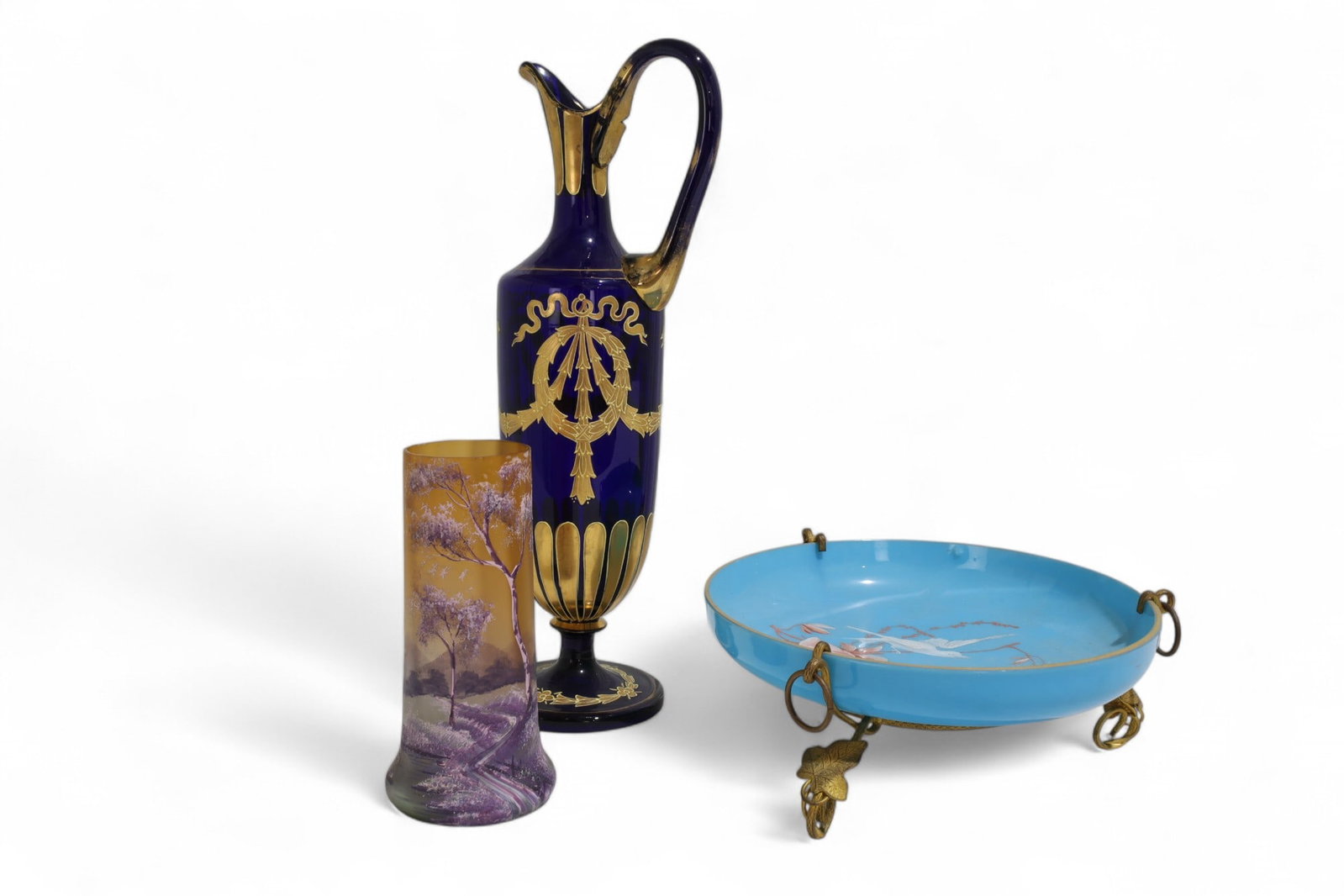 Cobalt Ewer, Cameo Vase & French Bowl: A cobalt Ewer, cameo vase and French bowl tallest Dimensions:12x3