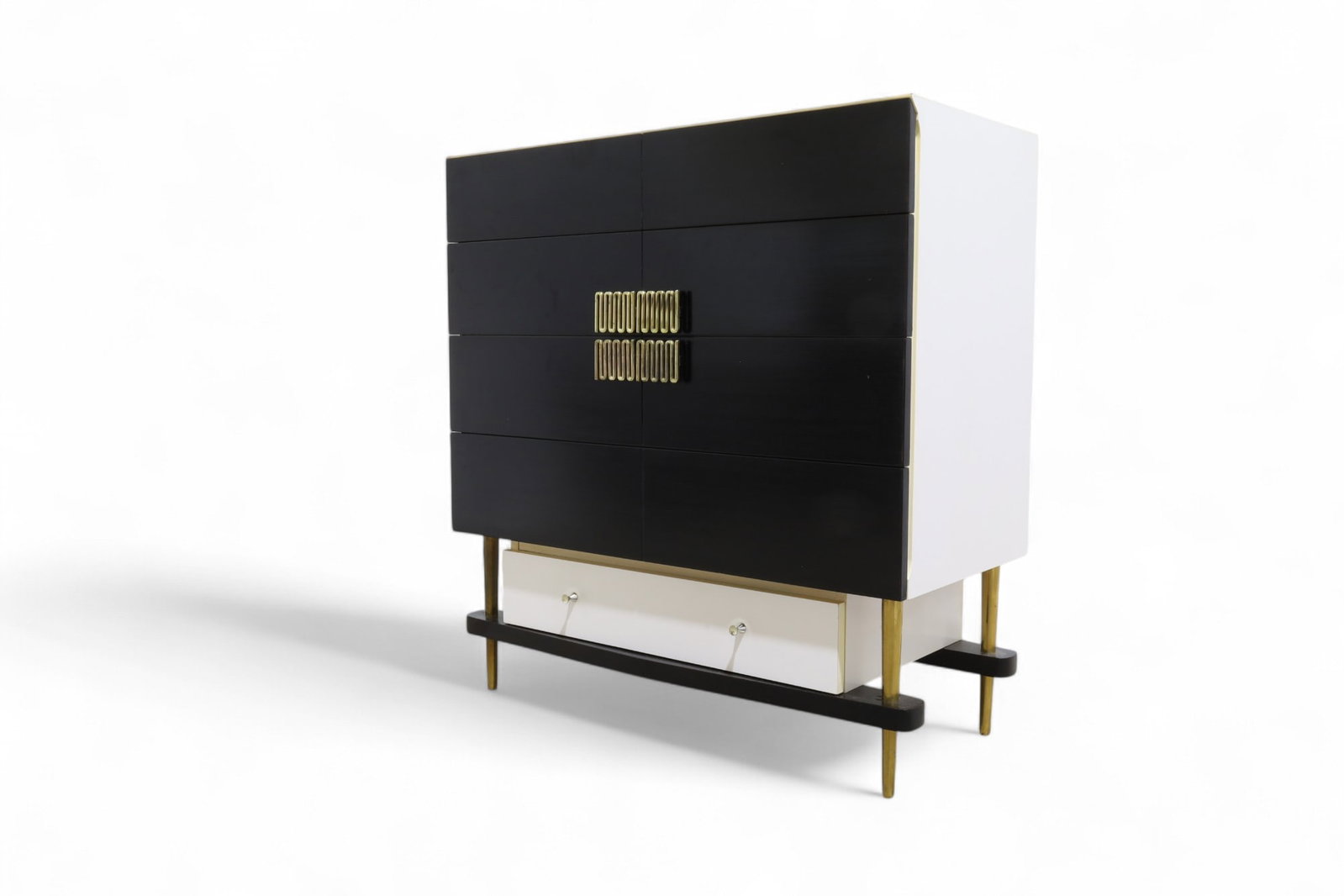 Italian Hollywood Regency Style Tall Chest: A Hollywood Regency Italian tall chest with brass finish grill hardware Dimensions:400