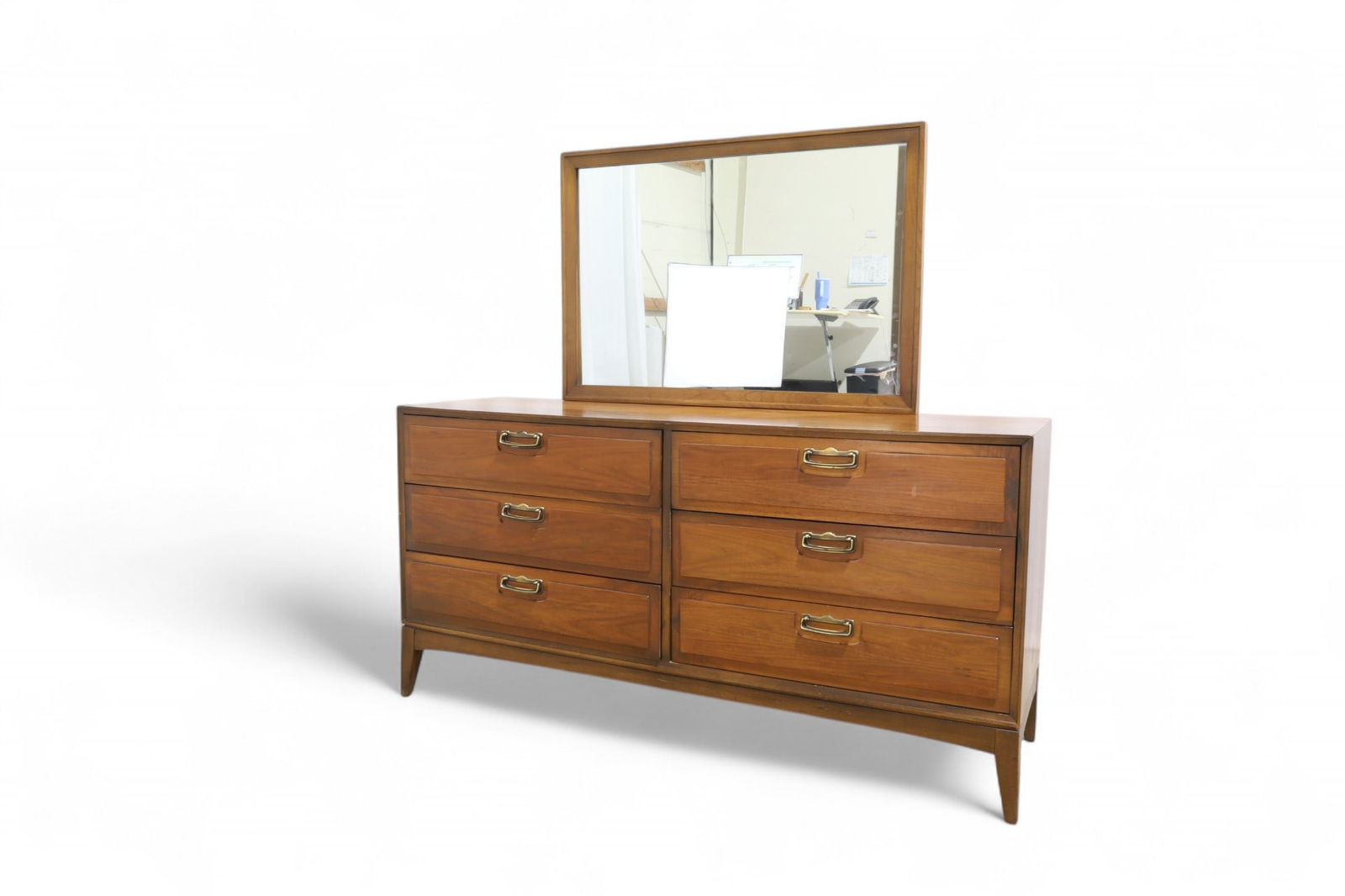 Lane Walnut Long Dresser & Mirror: A Lane walnut mid century modern long dresser Dimensions:30x60x18 Mirror:27x3 9