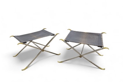 Maison Charles  Leather Folding Benches - Pair