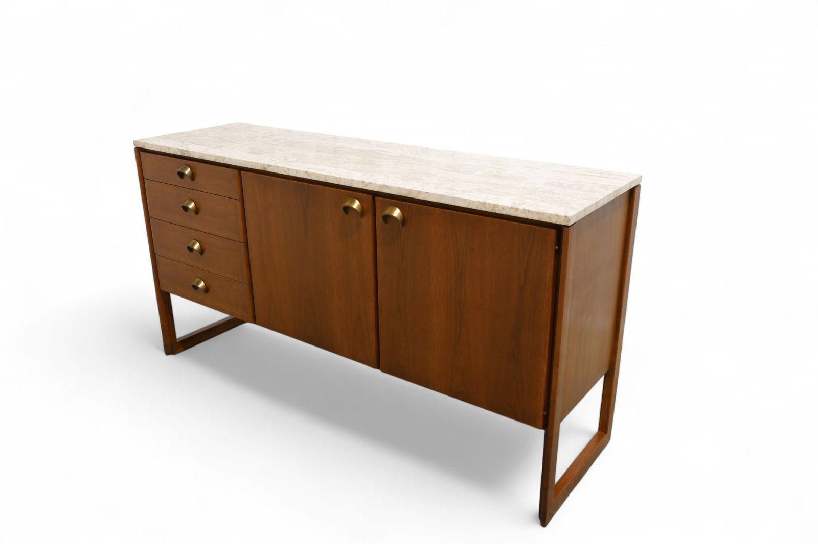Jens Risom MArble Top Credenza: A Jens Risom marble top credenza with 4 drawers and cabinet with shelves Dimensions:34.5x65.5x20