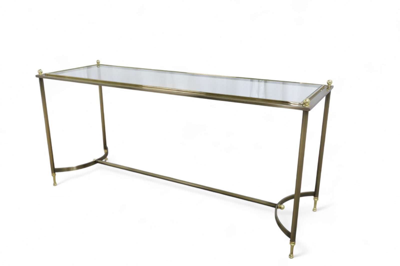 DIA Brass & Glass Console Table: A DIA Design Institute of America brass console table with glass top Dimensions:28x59x19.5
