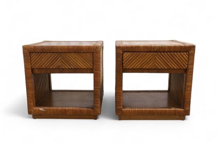 Rattan & Wood End Stands - Pair