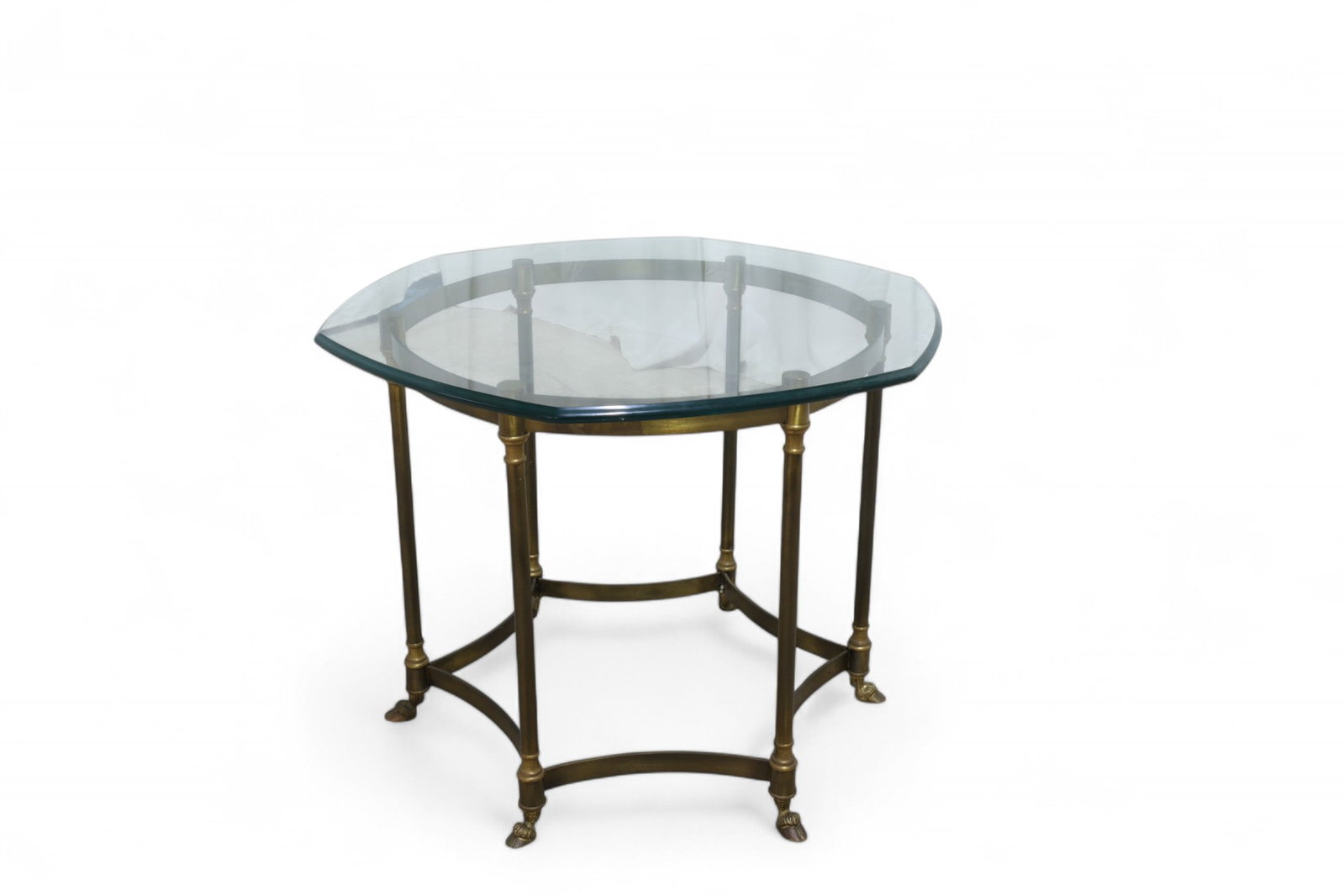 Brass Hoof Foot End Table: A brass and galss hoof foot end table Dimensions:23x29