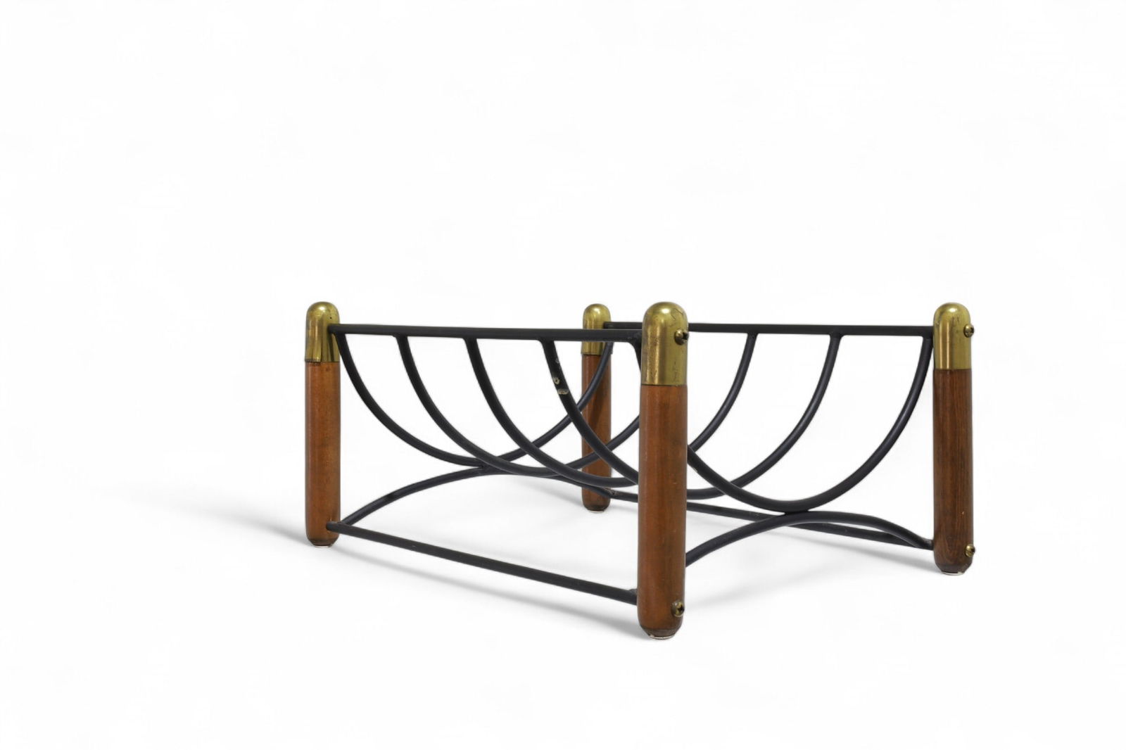 Walnut & Iron Log Holder: A mid century modern walnut and black iron with brass caps log holder Dimensions:9.5x20x15