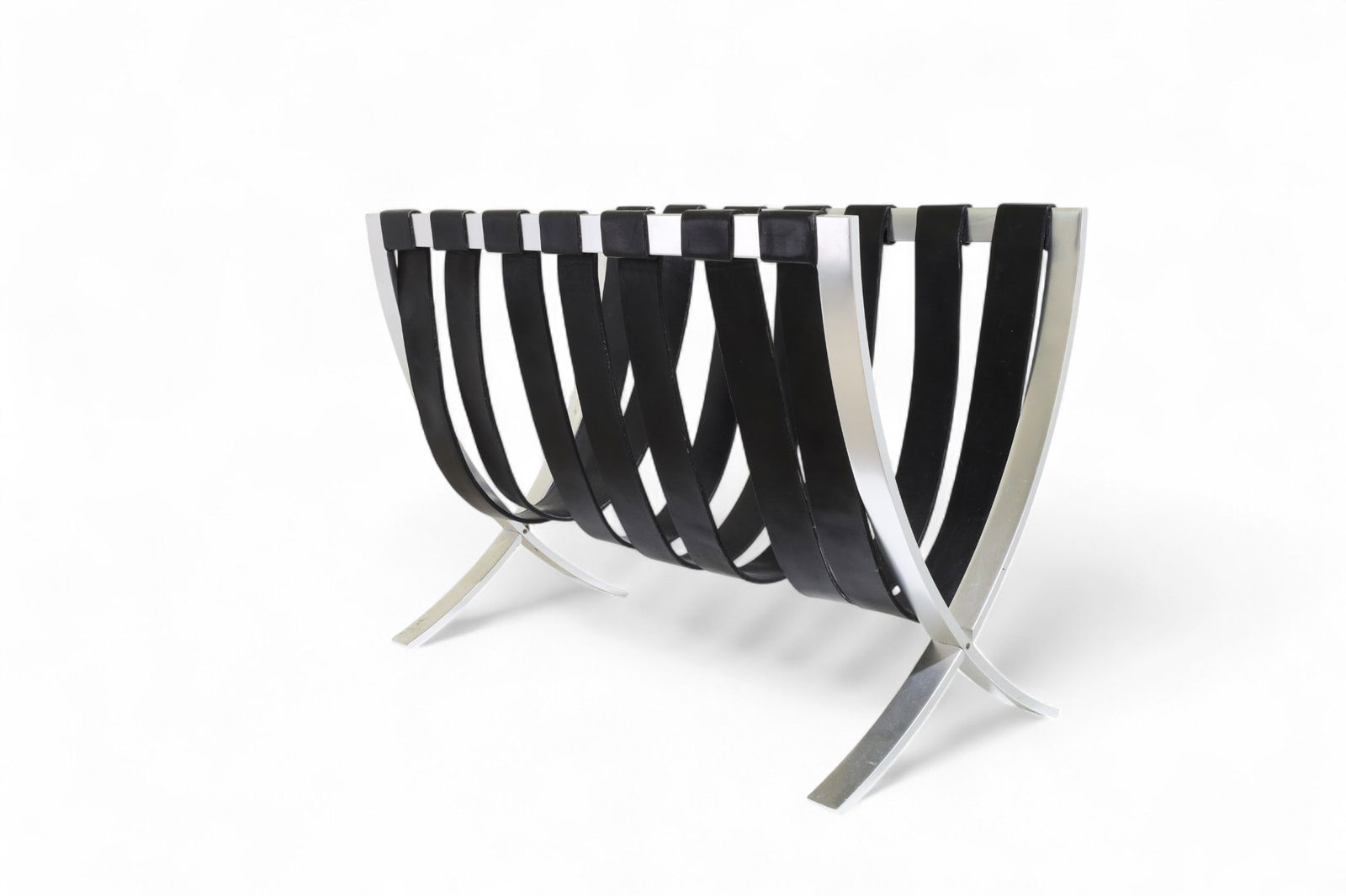 Leather & Aluminum Log Holder: A aluminum and black leather strap log foldable holder Dimensions:14x19x10