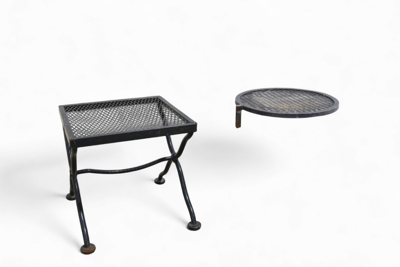 Salterini Iron Table & Drink Holder: A Salterini iron table and drink table for chair Table Dimensions:14x14 Drink Table Dimensions:12"D