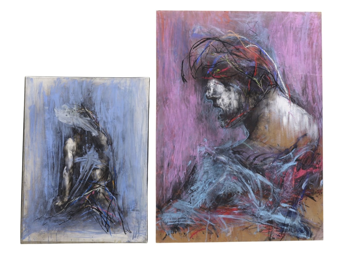 Tamas Szabo Mixed Media Art - 2: 2 pieces of signed Tamas Szabo mixed media art. One piece is mounted on wood and one is stretched canvas. Dimensions:29x22 Dimensions:39x35