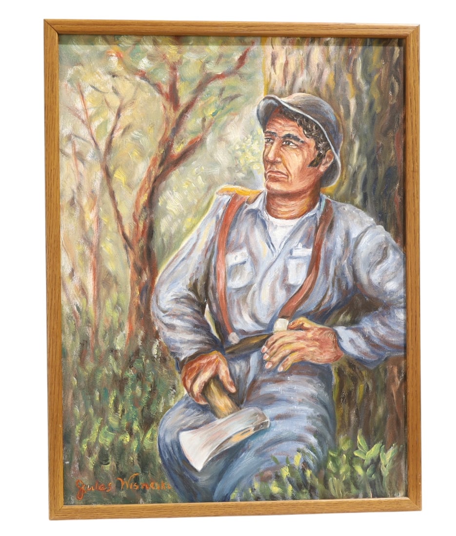 Jules Wisniewski - Oil on Canvas: A signed Jules Wisniewski oil on canvas depicting a man with an ax Dimensions:25x19