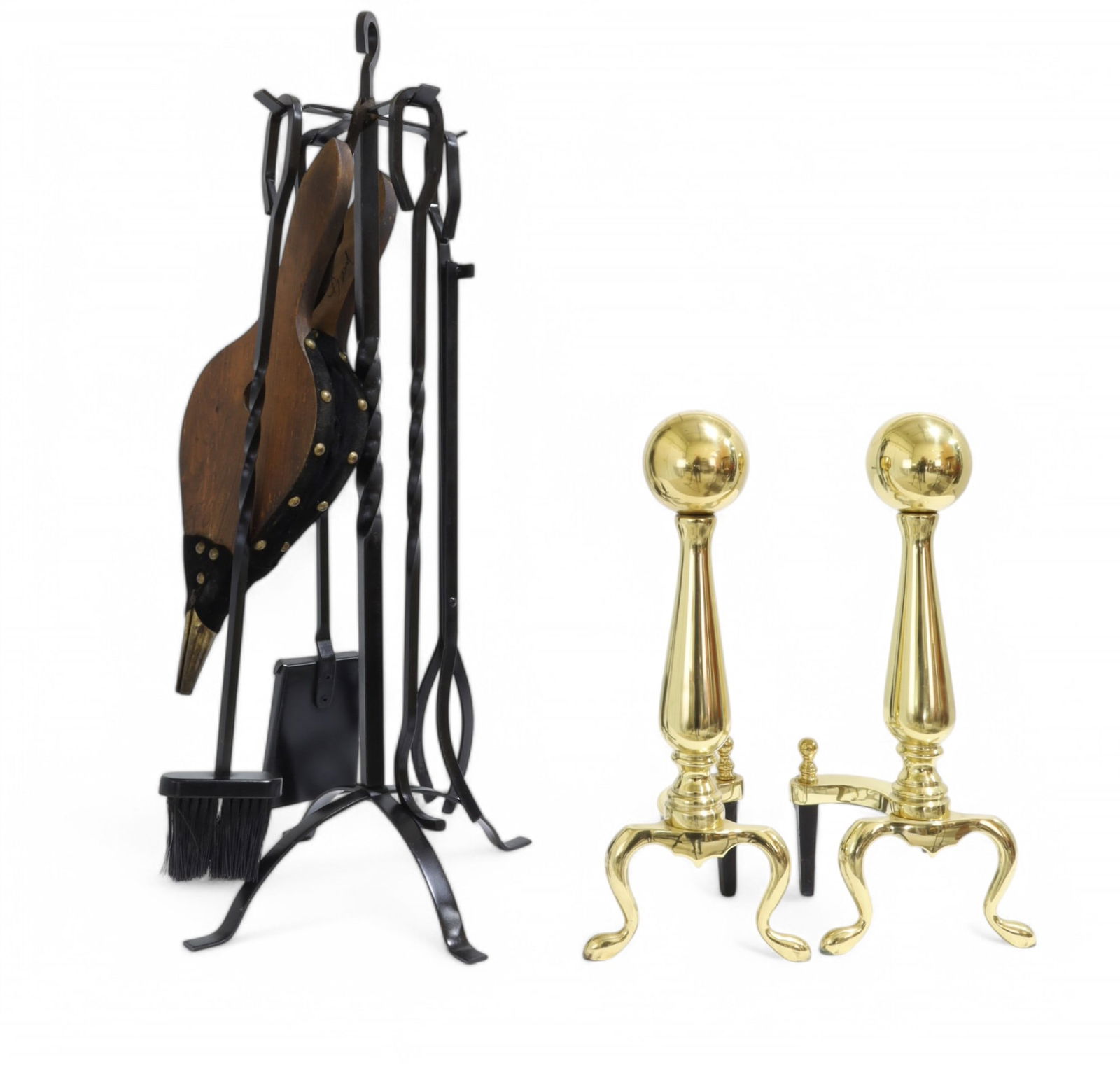Andirons & Fireplace Tools: A pair of brass andirons and a twisted iron 5 piece fireplace tool set Andiron Dimensions:17x7 Tools Dimensions:32x14