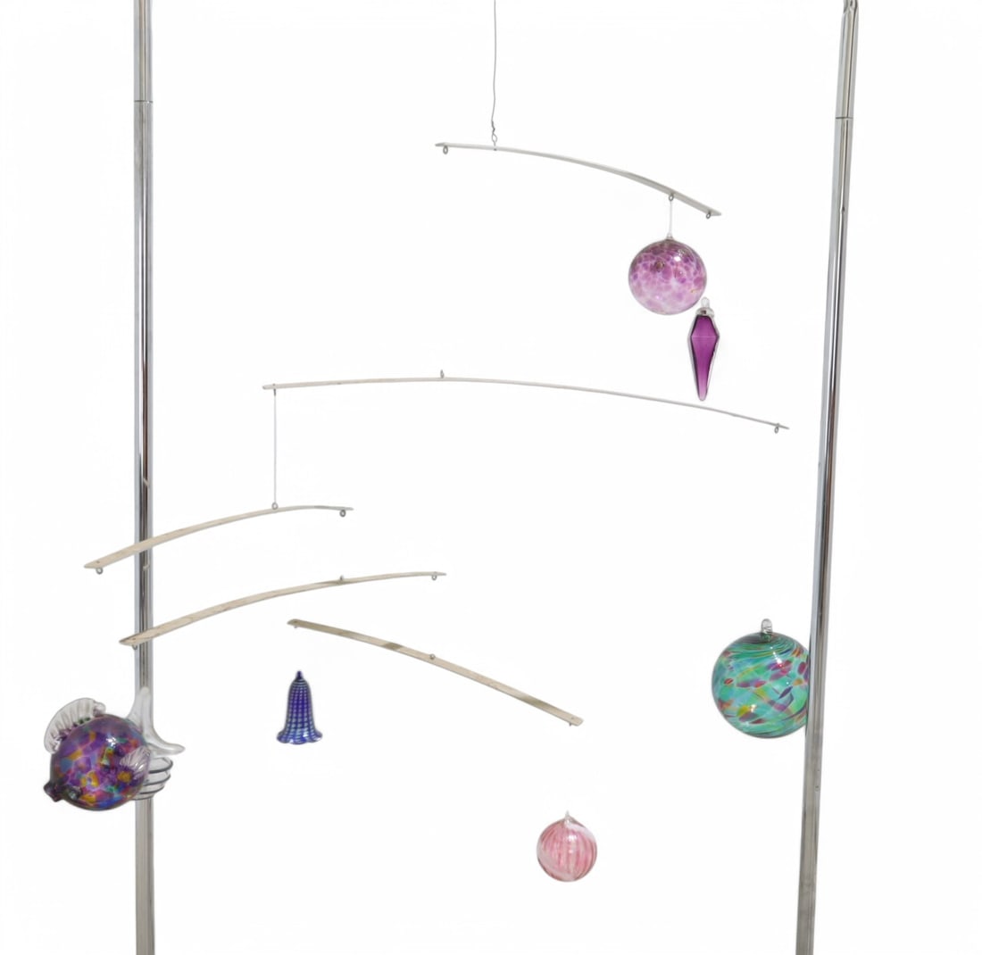 Blown Glass Mobile: A blown glass mobile with 7 blown glass pieces Dimensions:34x43
