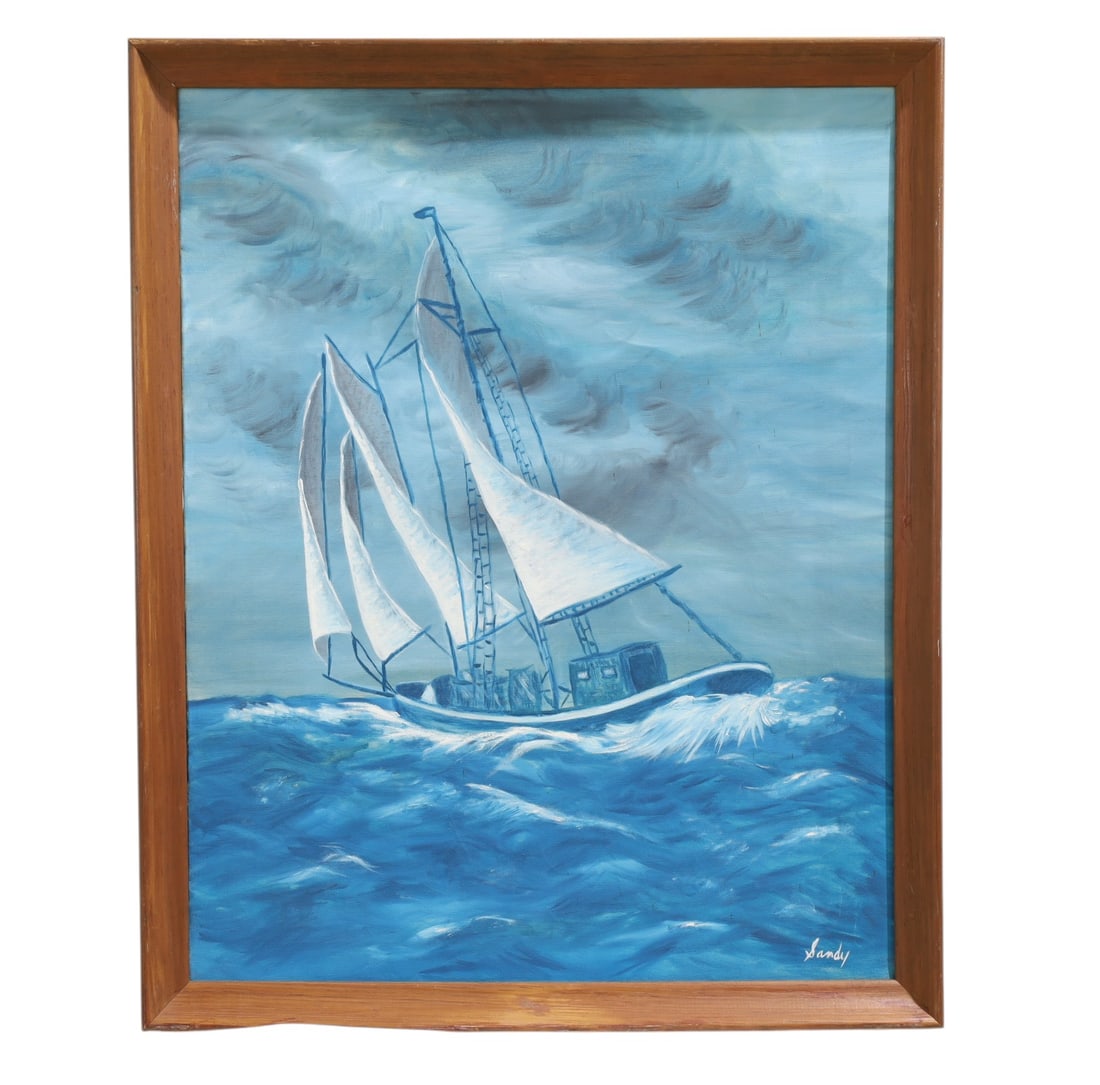 Signed Oil on Board: A signed "Sandy" oil on board titled "Trouble at Sea" Dimensions:33x27