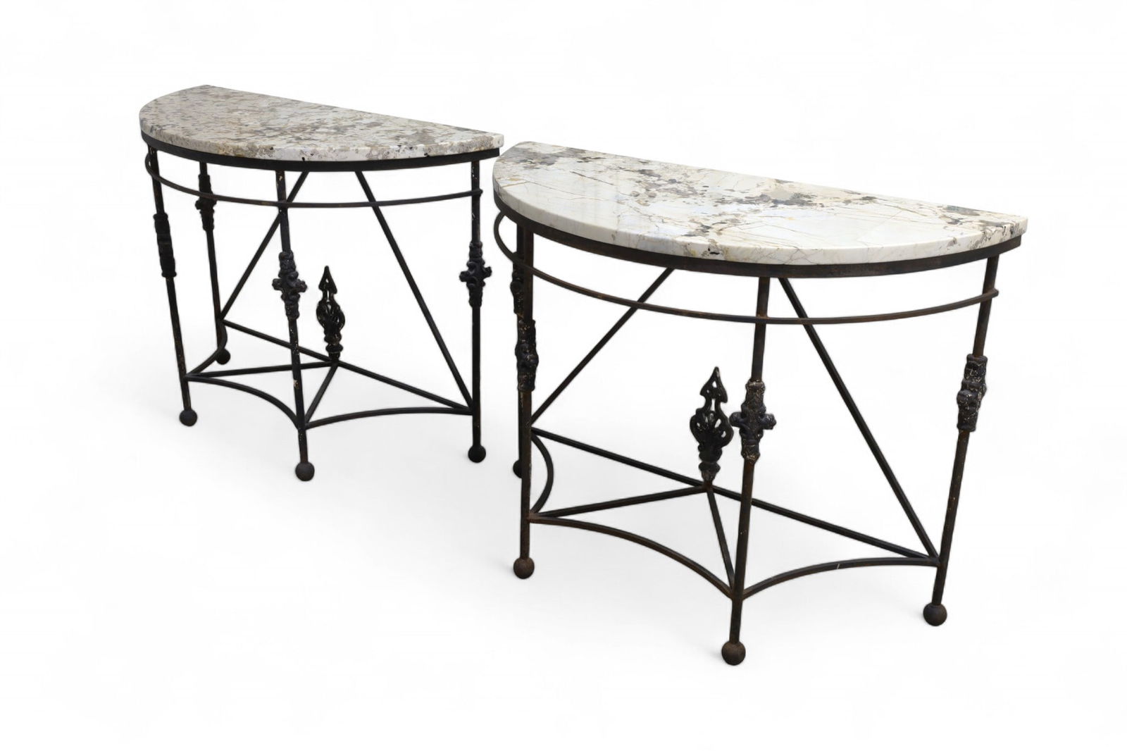 Demilune Iron & Marble Console Tables - Pair: A pair of demilune iron console tables with marble topns Dimensions:35x46.5x20