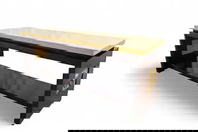 Paul Frankl Model 5034 Console Table: A vintage Paul Frankl for Johnson Furniture Model 5034 console table crafted in mahogany, cork and brass. Marked on underside #5034-289 Dimensions:28x72x21