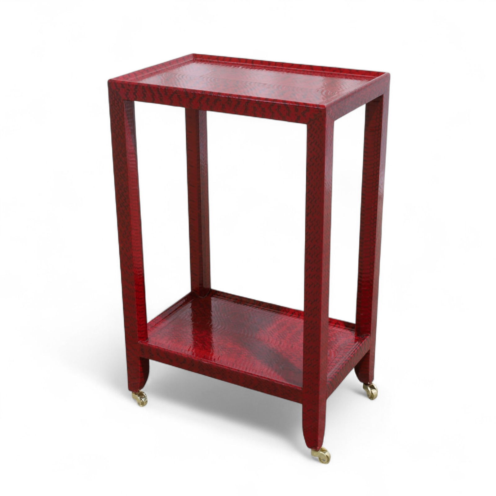 Karl Springer Red Snakeskin Table: A Karl Springer red snakeskin telephone table Dimensions:23.5x14.5x9.5