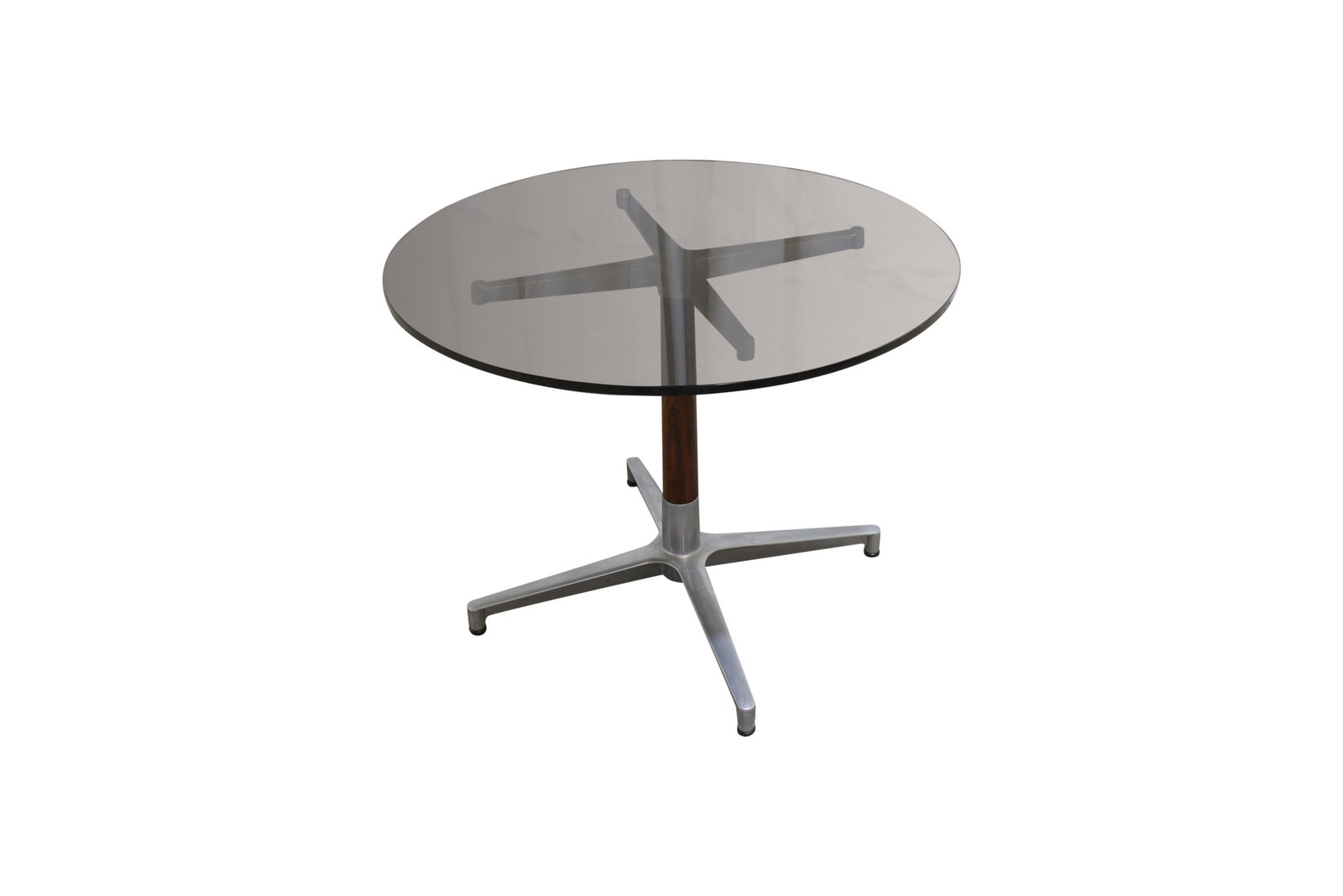 Aluminum & Rosewood Side Table: Aluminum and rosewood occasional table with smoked glass top Dimensions: