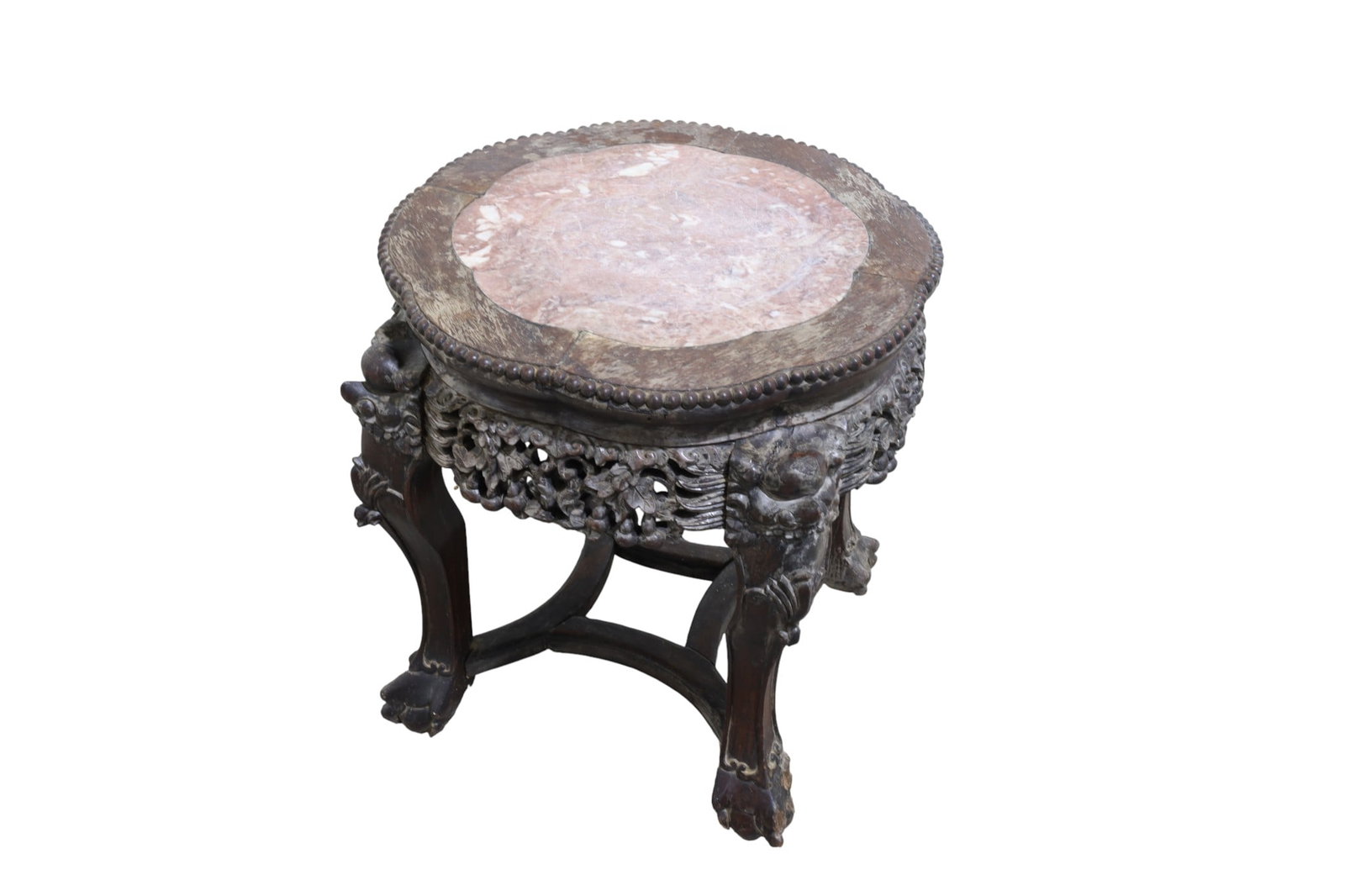Chinese Redwood & Marble Stand: A Chinese redwood carved stand with marble top Dimensions:18x20
