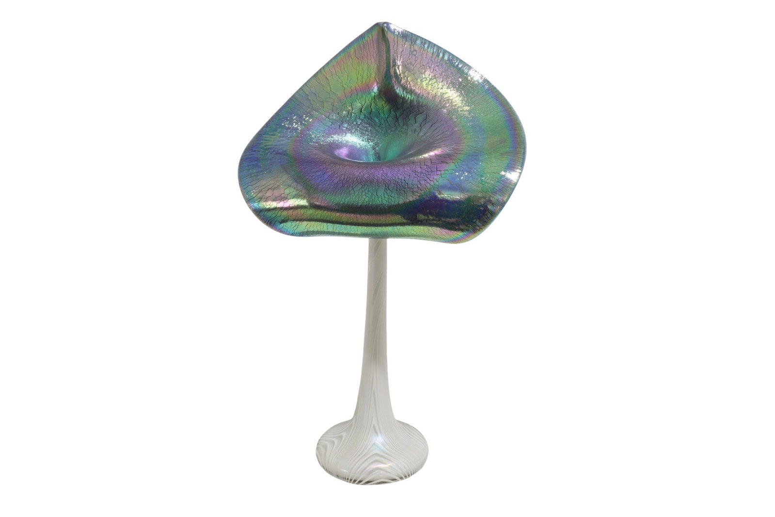 Jack in the Pulpit Art Glass Vase: A signed Stewart Abelman iridescent Jack in the Pulpit art glass vase Dimensions:16x10