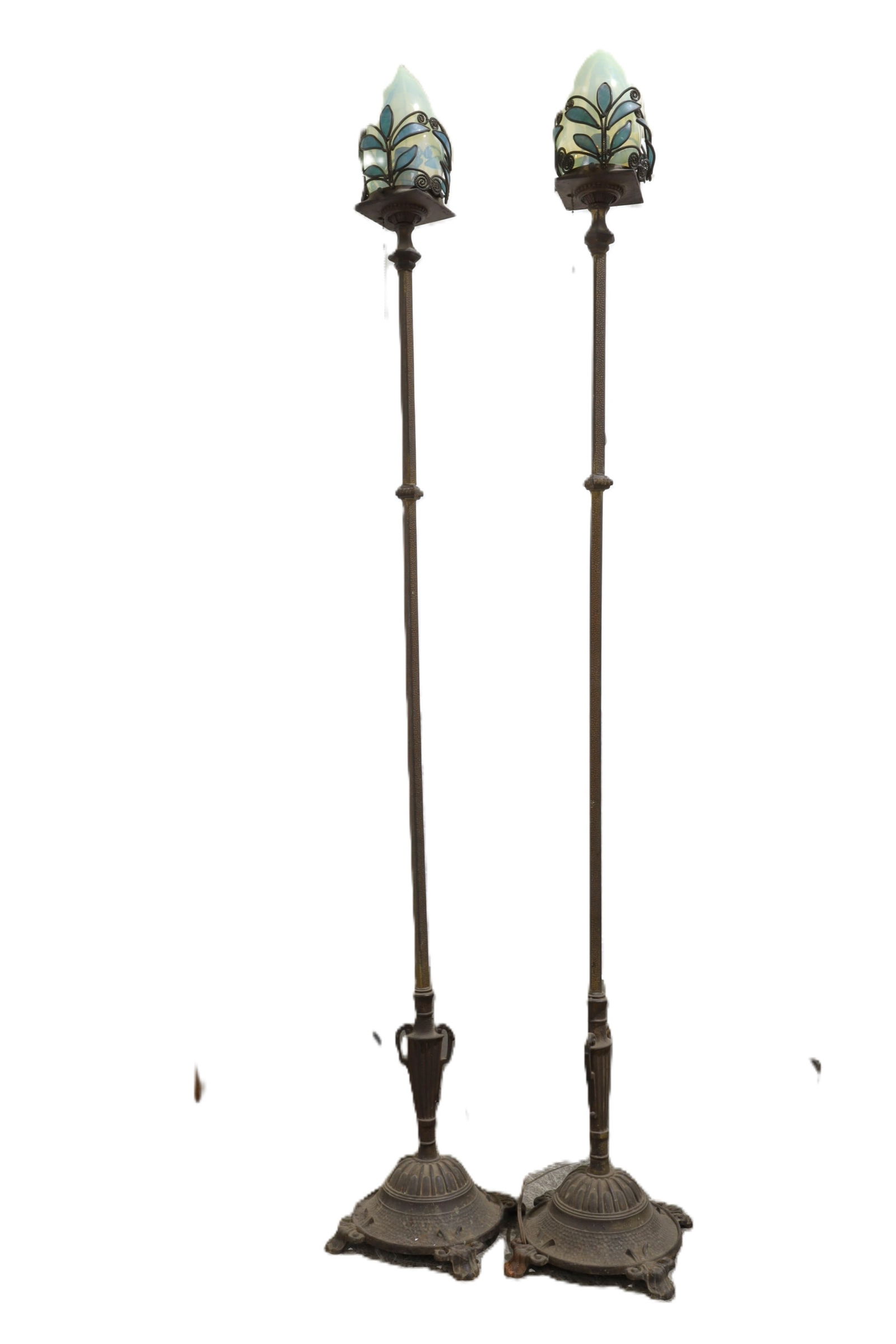 Signed Rembrandt Art Deco Torch Lamps - Pair: A pair of signed Rembrandt art deco torch shade floor lamps with opalescent shades