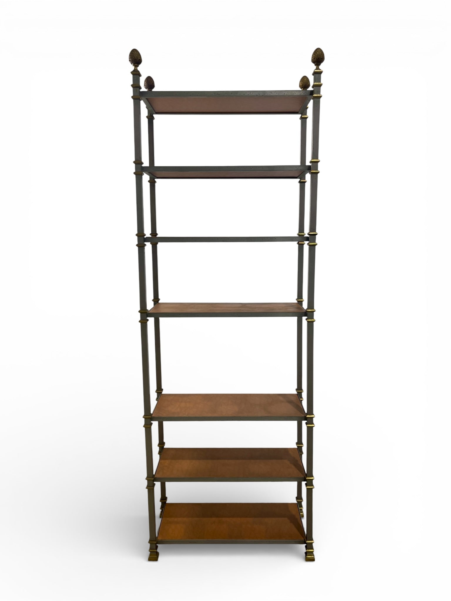 Maison Jansen Steel & Brass Etagere: A Maison Jansen steel and brass etagere with 5 leather shelves