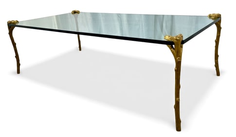 P.E. Guerin Faux Bois Bronze Glass Coffee Table