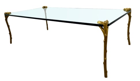 P.E. Guerin Faux Bois Bronze Glass Coffee Table