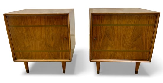 Pair of Walnut End Stands with Brass Inlay & legs