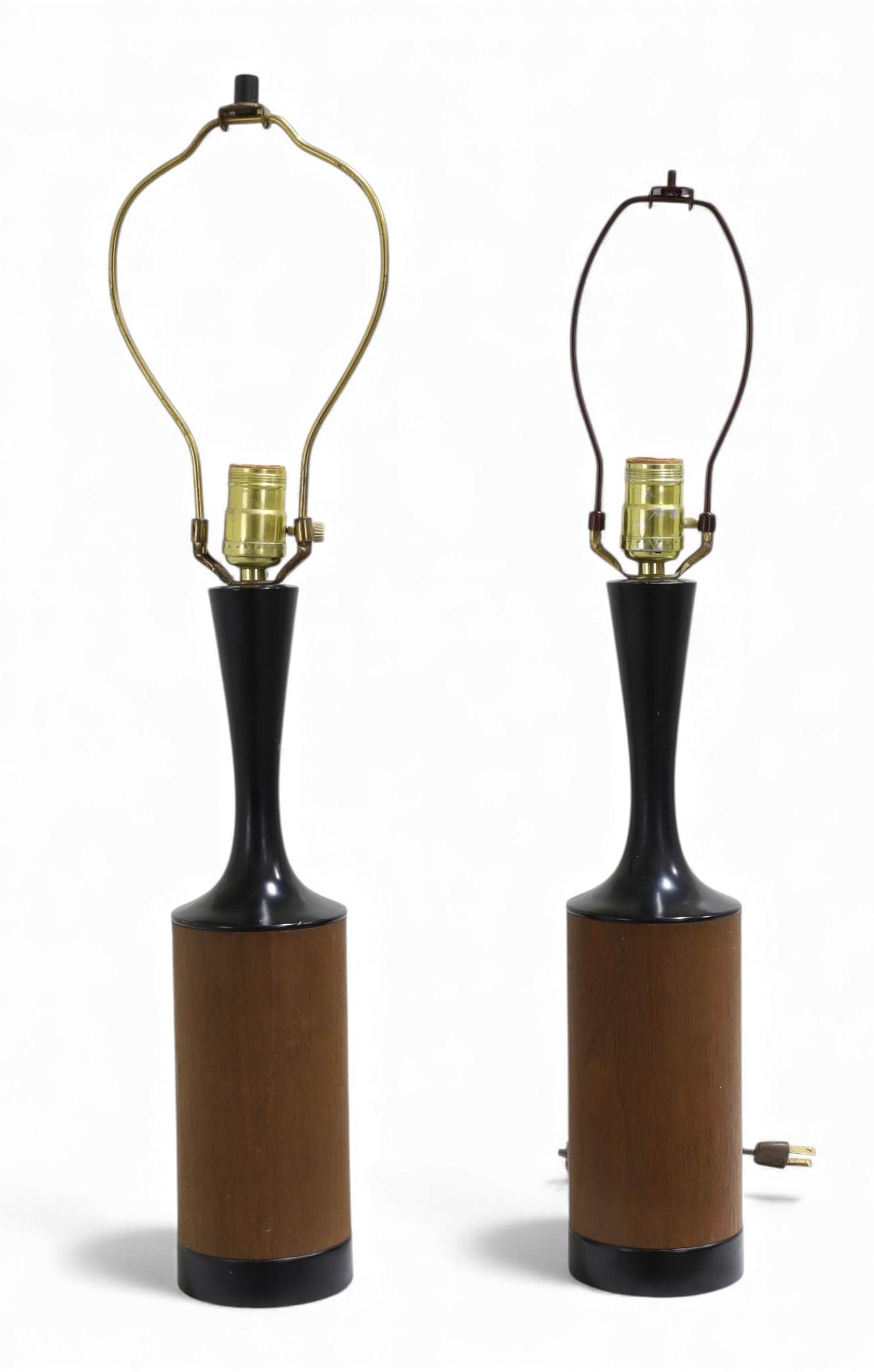 Mid Century Walnut & Metal Table Lamps - Pair: A pair of mid century modern table lamps walnut and metal
