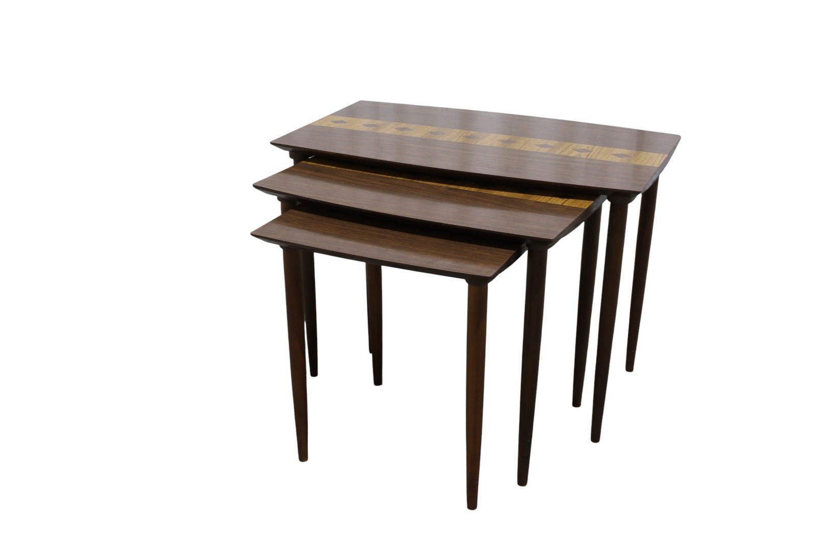 Mid Century Laminate & Wood Nest of Tables - 3: A set of 3 mid century modern laminate and wood nesting Tallest:21x29x17