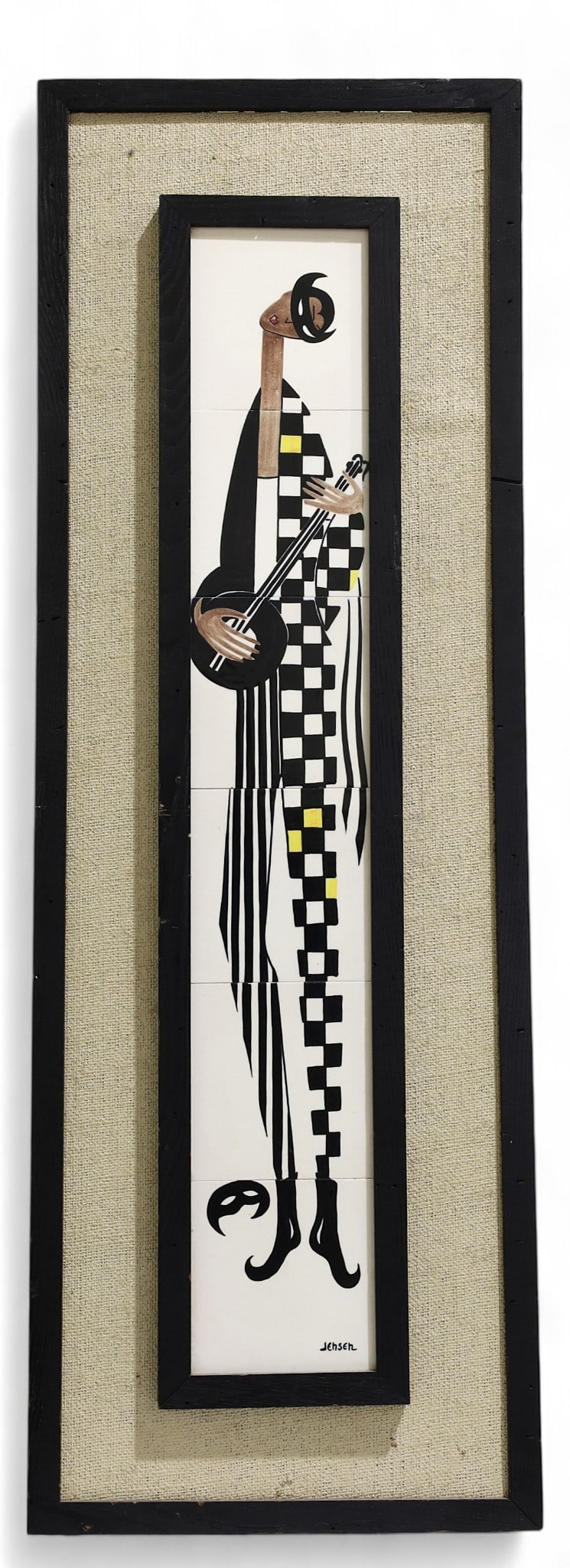 Signed Jensen Mid Century Tile Art: A signed Jensen mid century modern tile art wall hanging