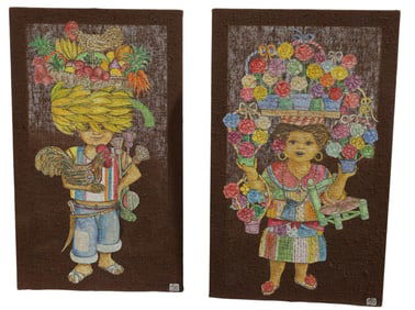 Signed Alix Roy Burlap Art - Pair