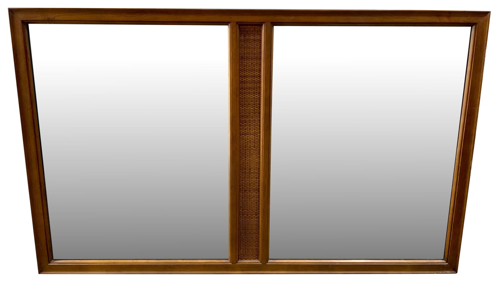 Thomasville Walnut & Cane Double Mirror: A Mid Century Thomasville Walnut & Cane Double Mirror