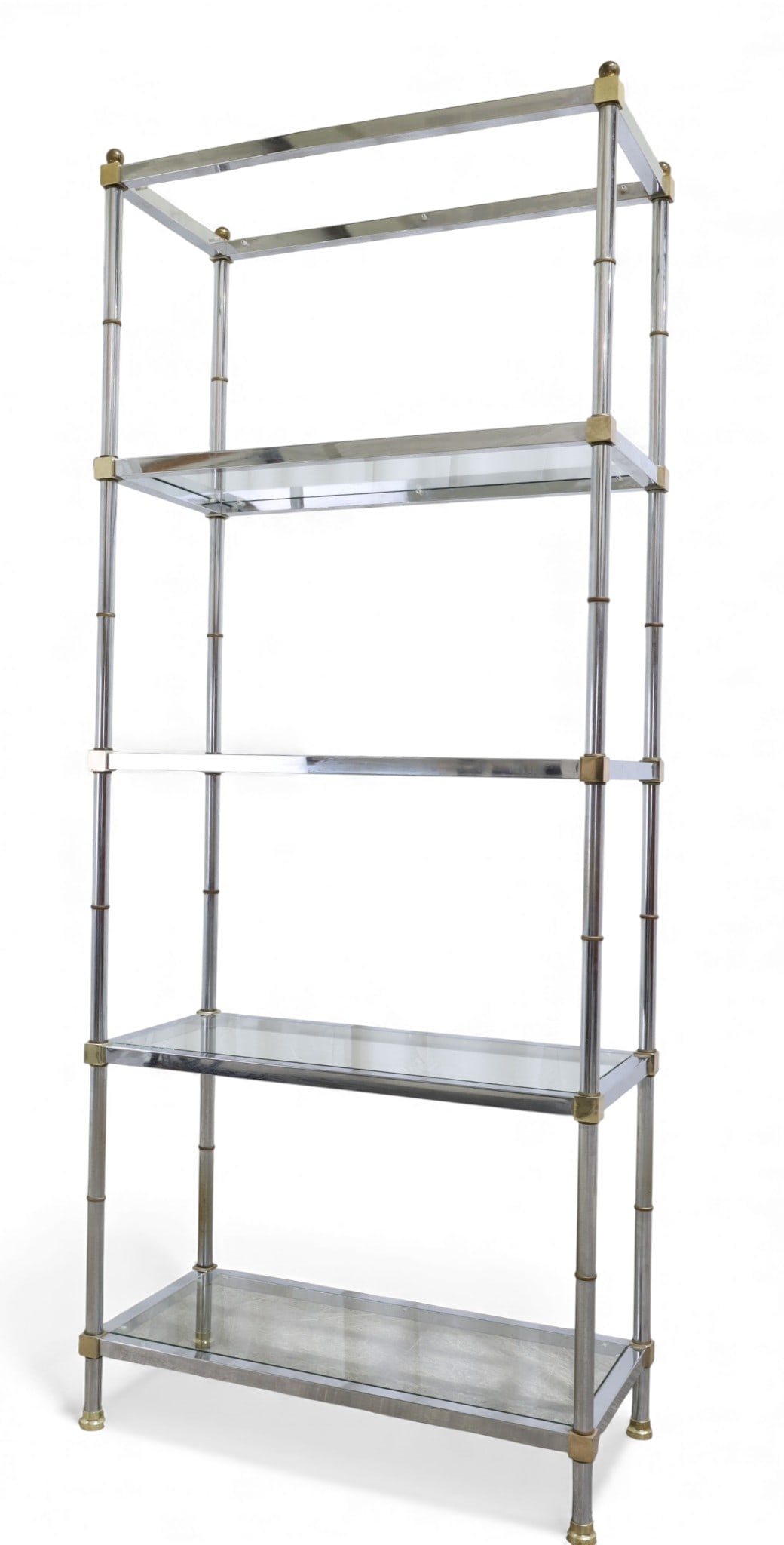5 Shelf Chrome Etagere: A chrome etagere with brass finish accents and 5 glass shelves
