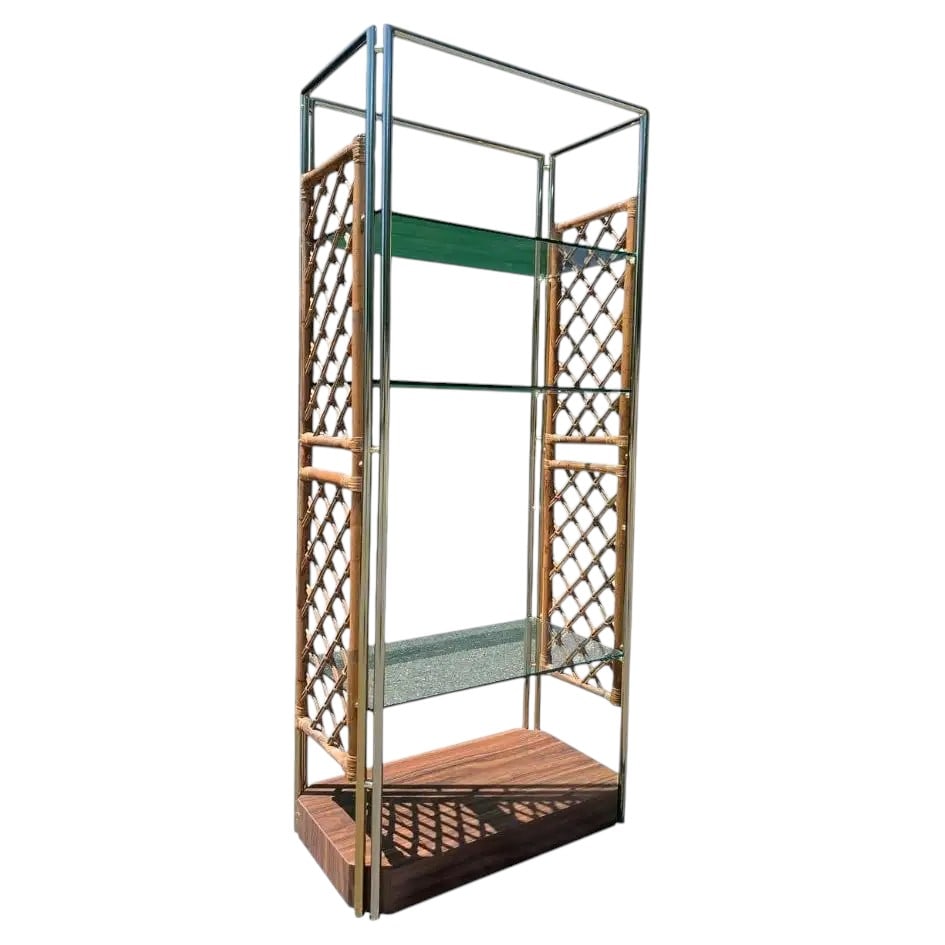 Bamboo & Brass Etagere: Bamboo Rattan and Brass Glass Shelf Étagére Dimensions:71x30x17.5