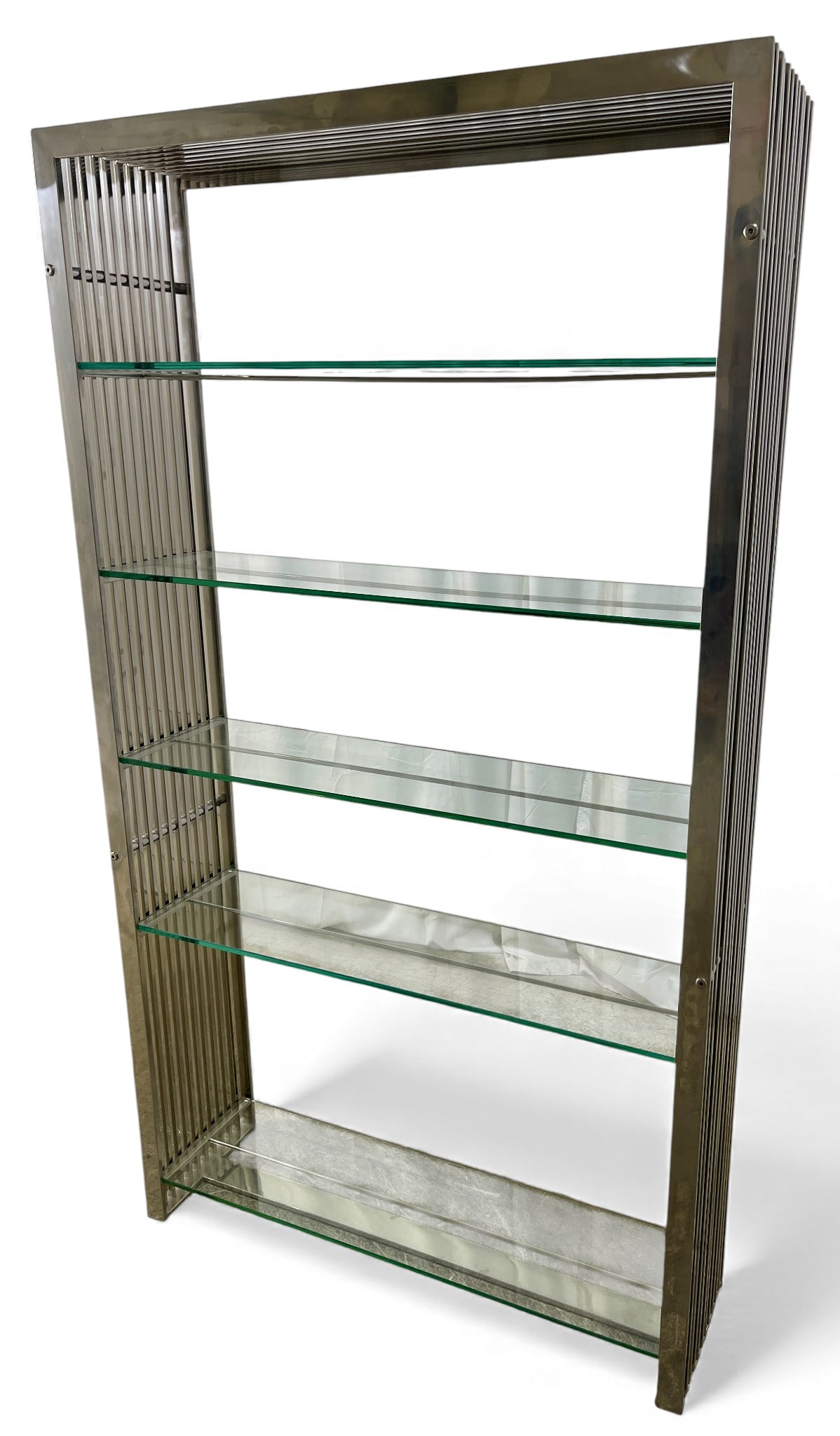 Milo Baughman Style Stainless Steel Etagere: Modway Gridiron Modern style etagere with 5 tempered glass shelves. Stainless Steel construction.