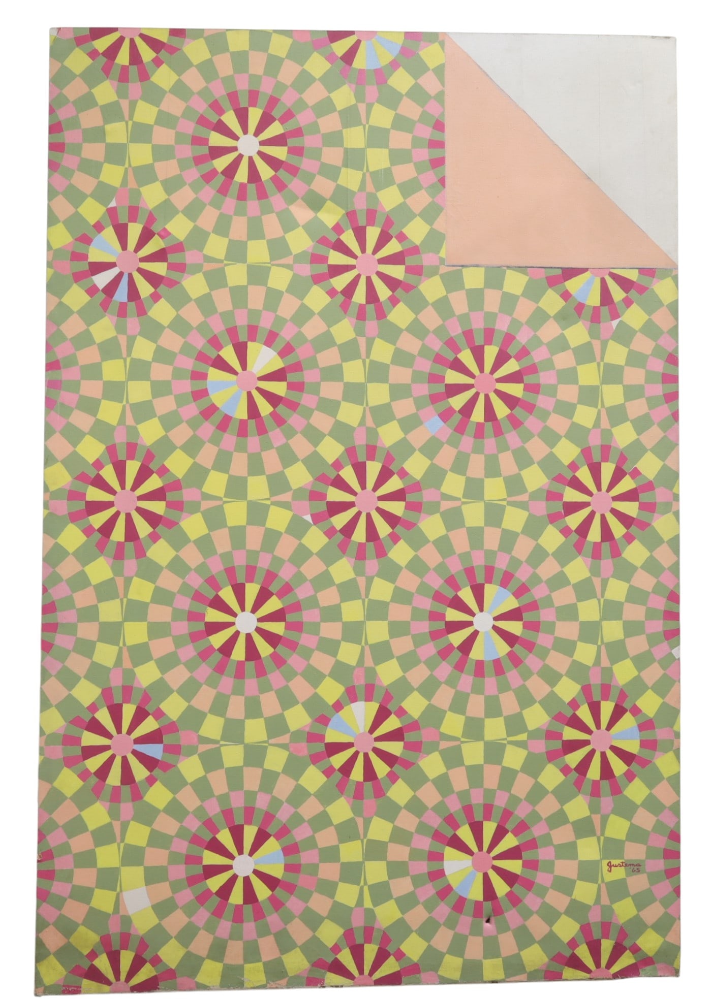 Signed Justema - Oil on Canvas: A signed Bill Justema 1965 large oil on canvas titled "Quilt" Dimensions:48x72
