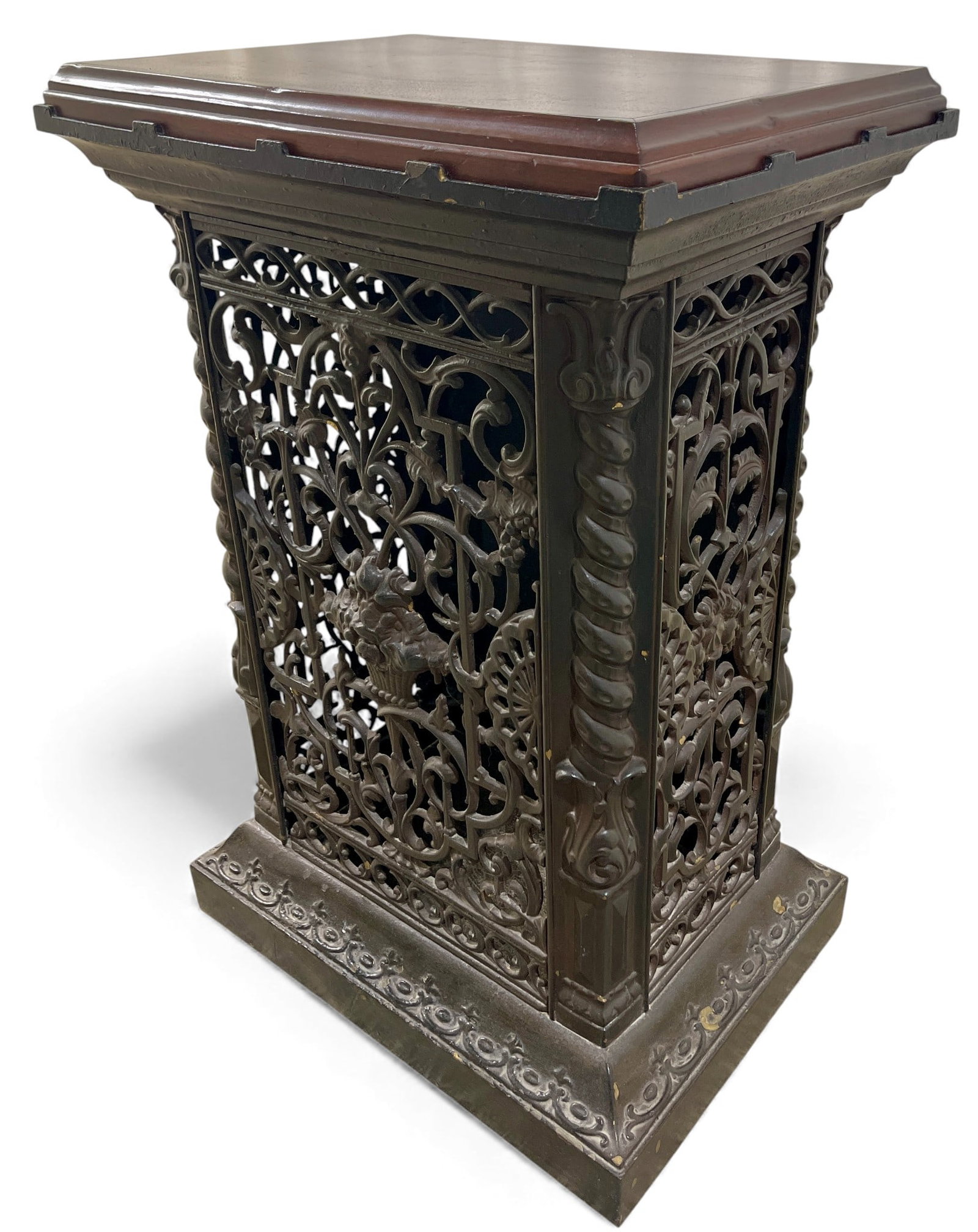 Ornate Cast Iron & Mahogany Pedestal: An Ornate Cast Iron & Mahogany Pedestal with removable top