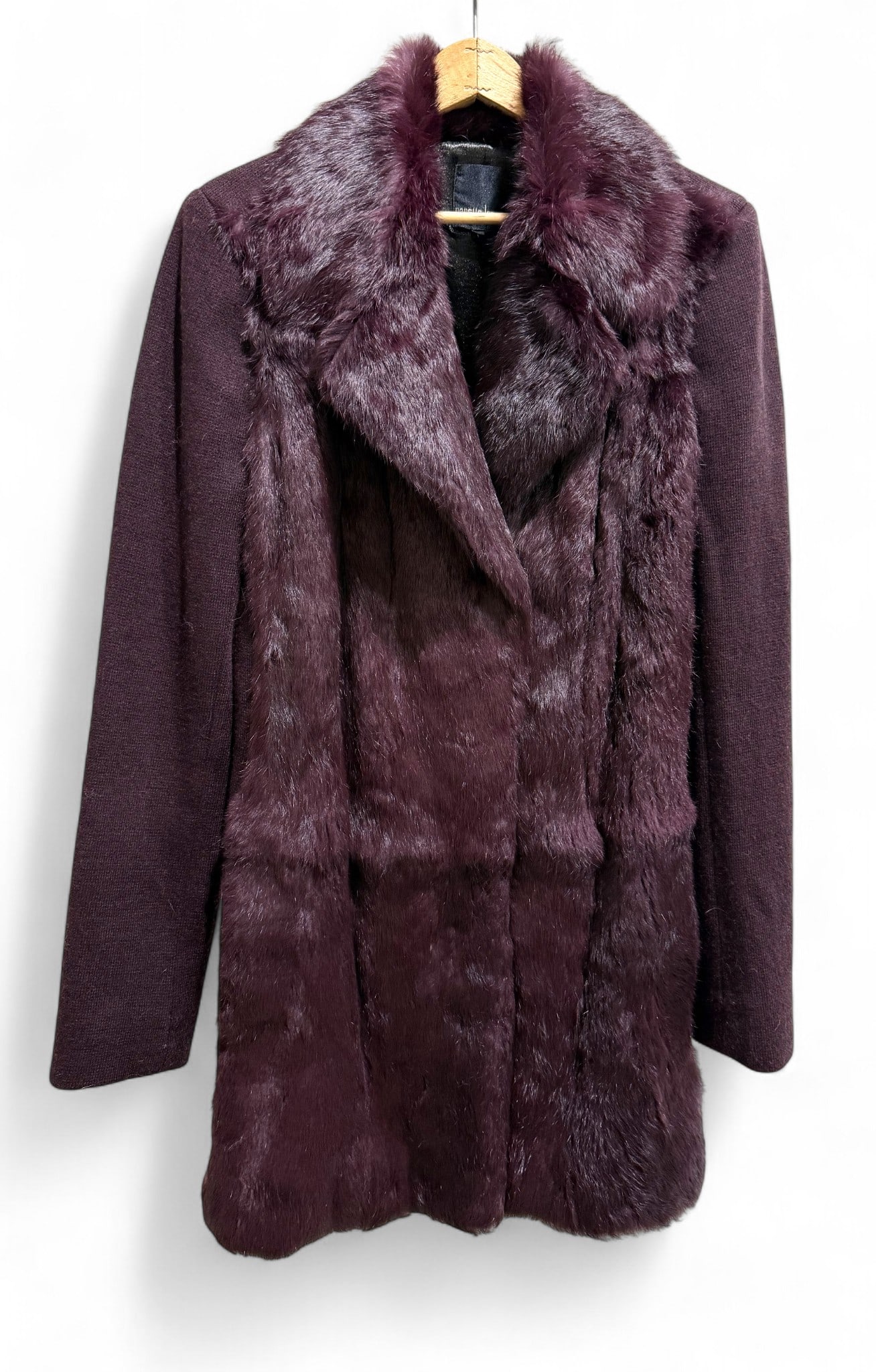 Nanette Lepore Burgundy Rabbit Fur Coat: A mixed media Nanette Lepore burgundy rabbit fur coat with sweater knit sleeves and back, size L. Fully lined in a satin fabric with hook and eye closures