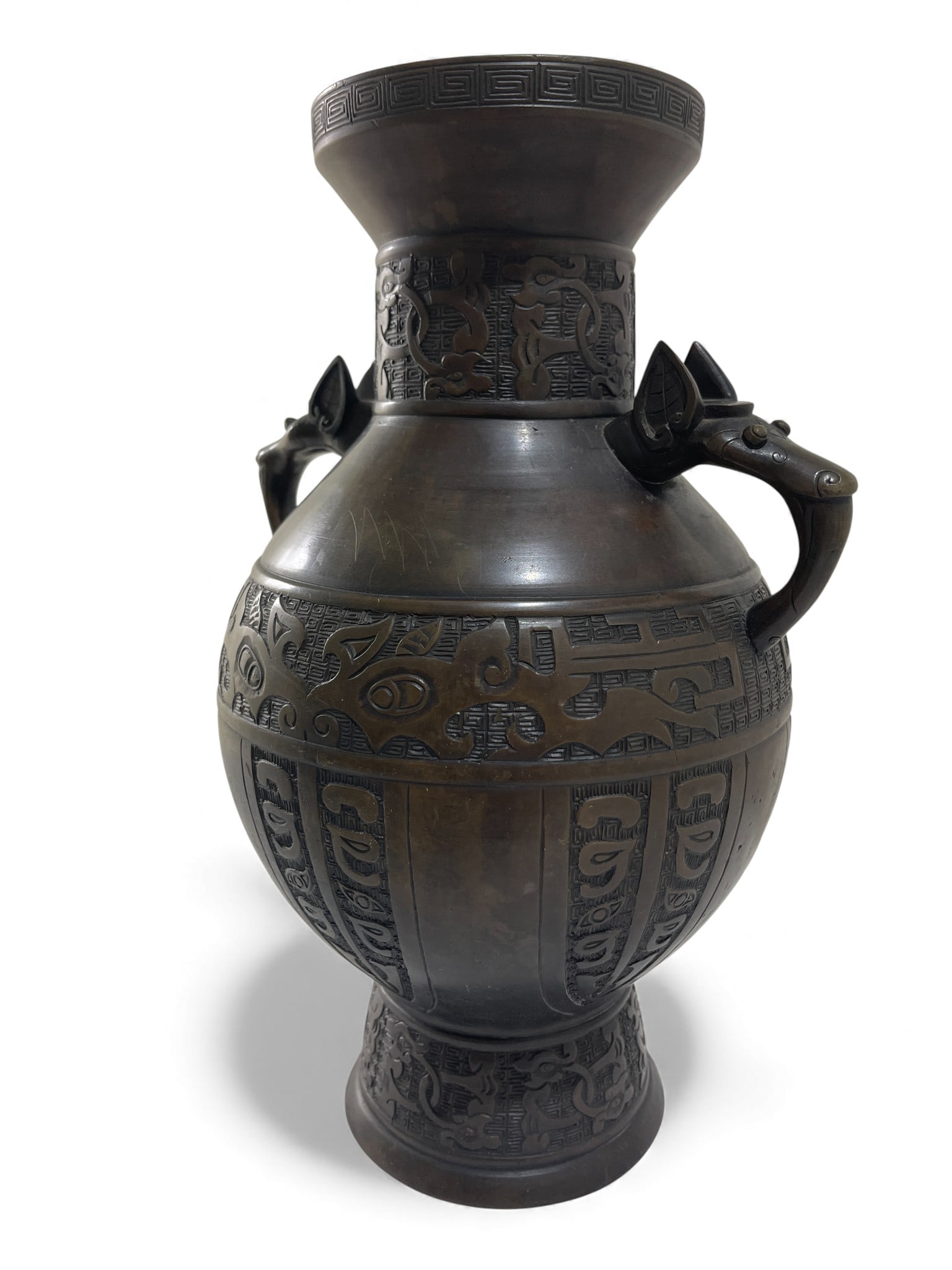 Egyptian Motif Chinese Bronze Vase: Chinese bronze vase with Egyptian motif marked in seal bone script.