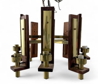Mid Century Sputnik Style Brass & Wood Chandelier