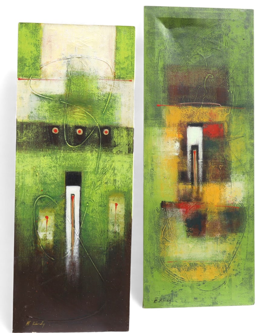 Signed RT Rindley Abstract Oil on Canvas - Pair: A pair of signed RT Rindley abstract oil on canvas paintings