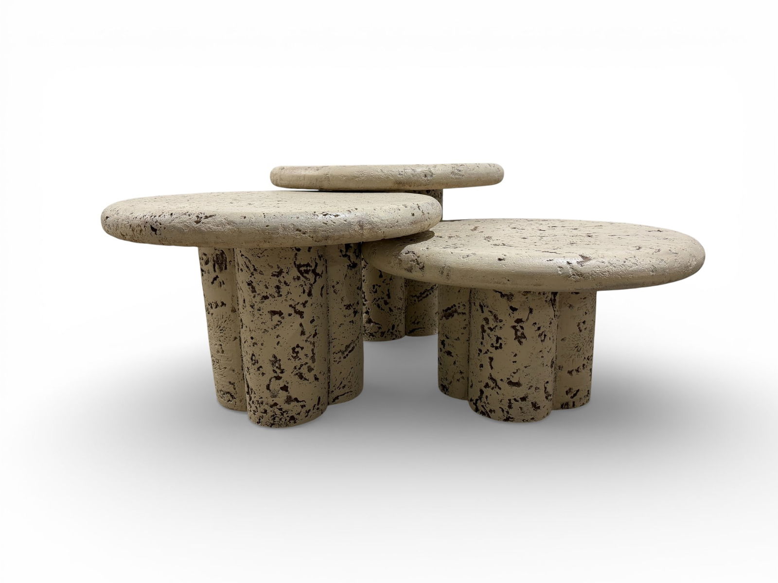 Faux Stone Nesting Tables - 3: A trio of faux stone nesting tables. Can be separated as side tables or used together as a coffee table. : Large H:15.5" W:21.75" Medium H:13.5" W:21.75" Small H:11.5" W:21.75"