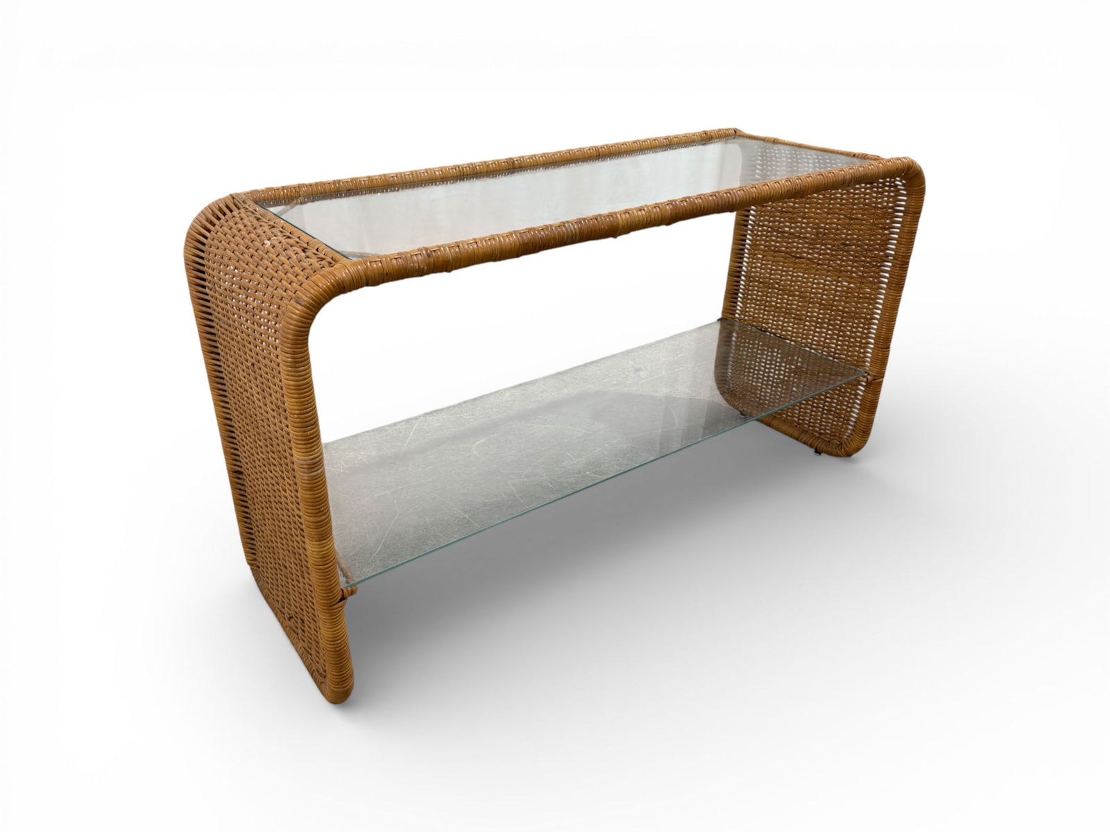 Two-Tier Wicker & Glass Waterfall Console Table (1 of 13)